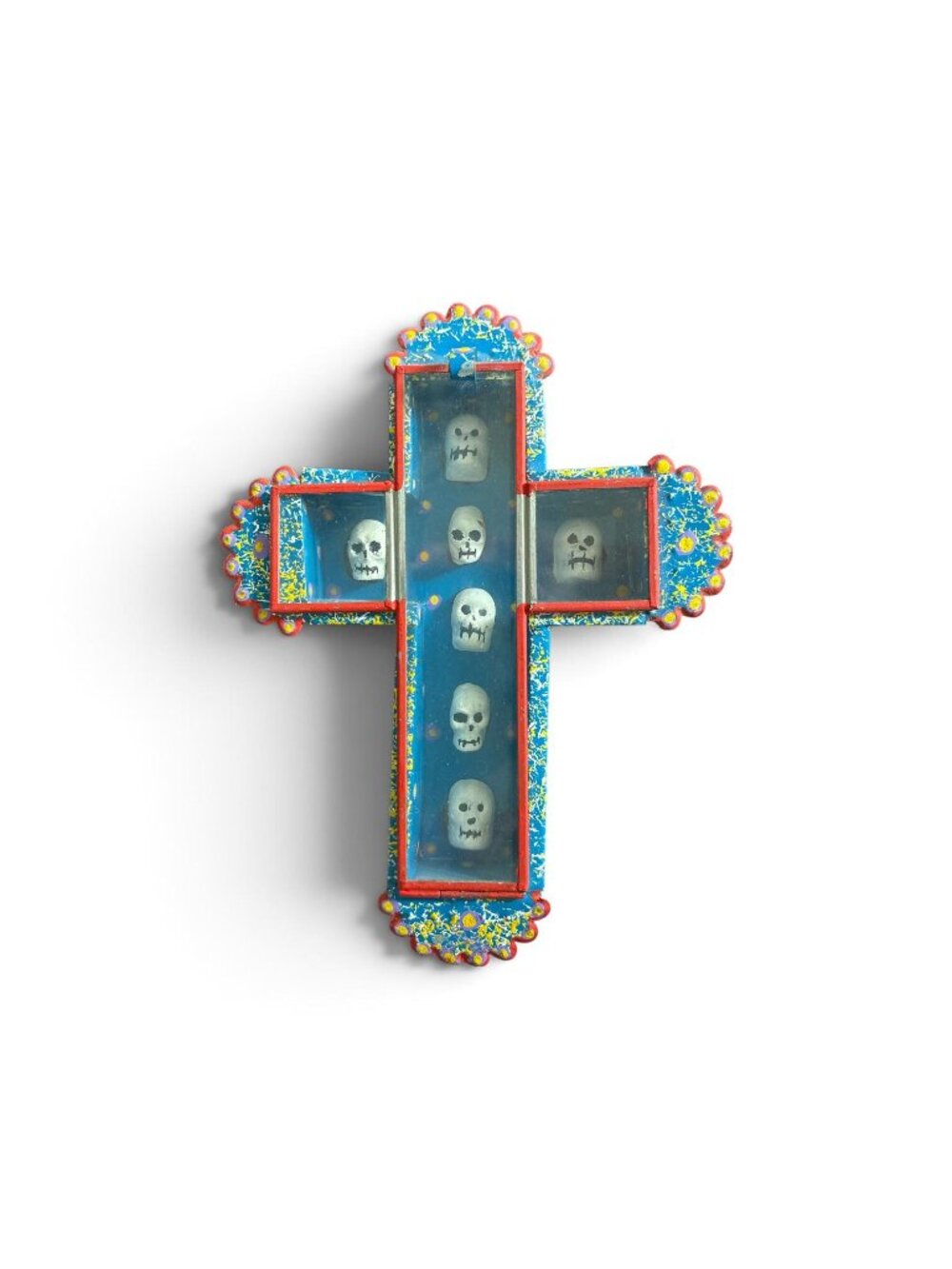 Vintage Mexican Folk Art Cross Shadow Box Nicho Day of the Dead Miniature Skulls